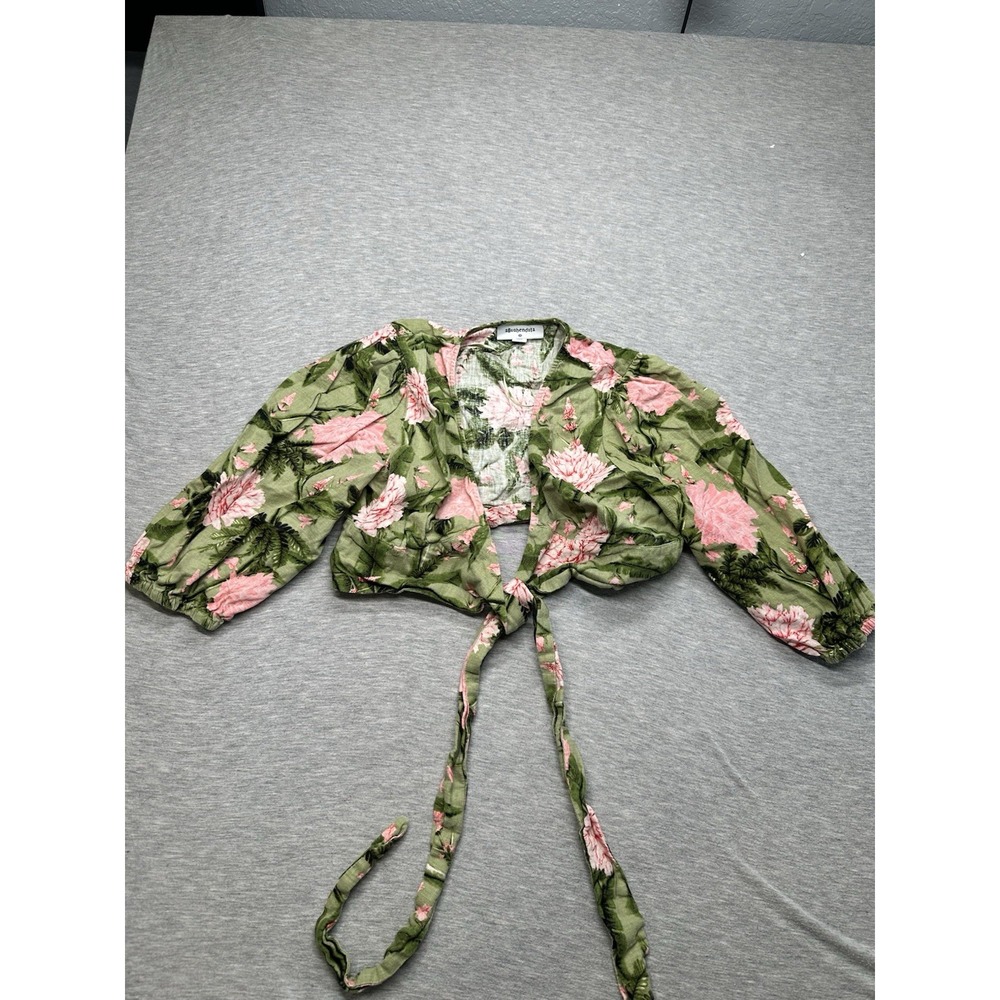Agua Bendita x Target Peony Flowers Woman Size M Green Tie Top Blush Linen Blend